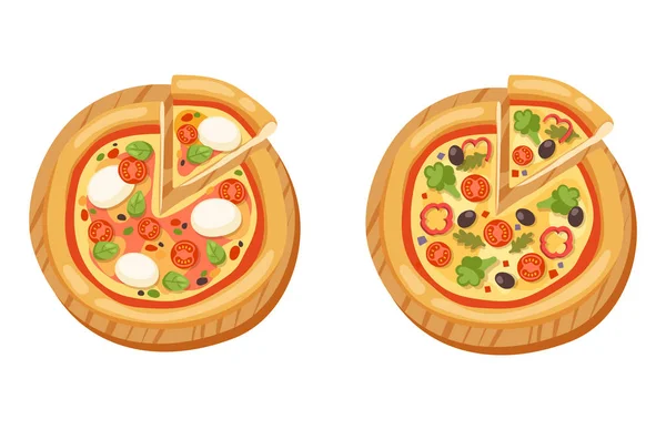 Pizza platt ikoner isolerade vektor illustration bit slice pizzeria mat menyn mellanmål på vit bakgrund pepperoni ingrediens leverans italienska uppsättning — Stock vektor