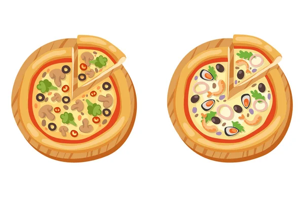 Pizza-plat pictogrammen geïsoleerd vector illustratie stuk segment pizzeria voedsel menu snack op witte achtergrond pepperoni ingrediënt levering Italiaanse set — Stockvector