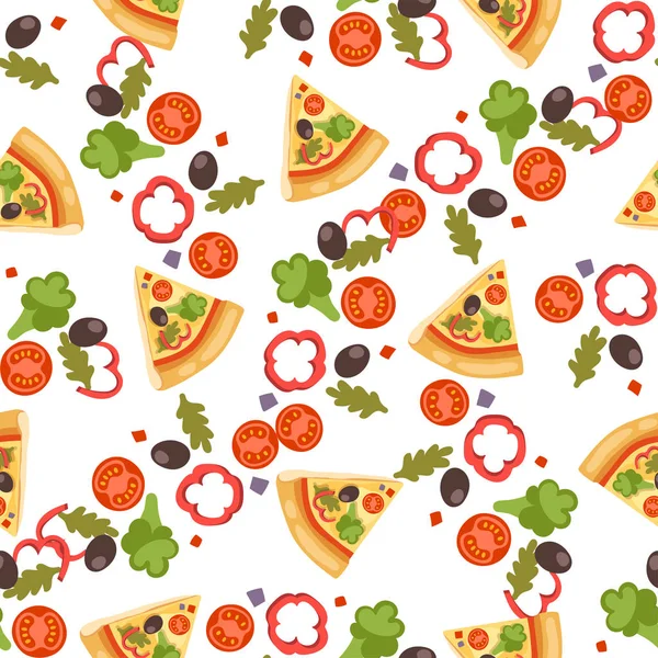 Pizza sömlösa mönster vektor illustration bit slice pizzeria mat menyn mellanmål på vit bakgrund ingrediensen leverera italiensk ost restaurang — Stock vektor