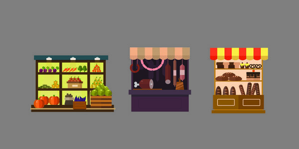 Фрукты, овощи, молочные продукты, мясо, пекарня киоск векторный набор
