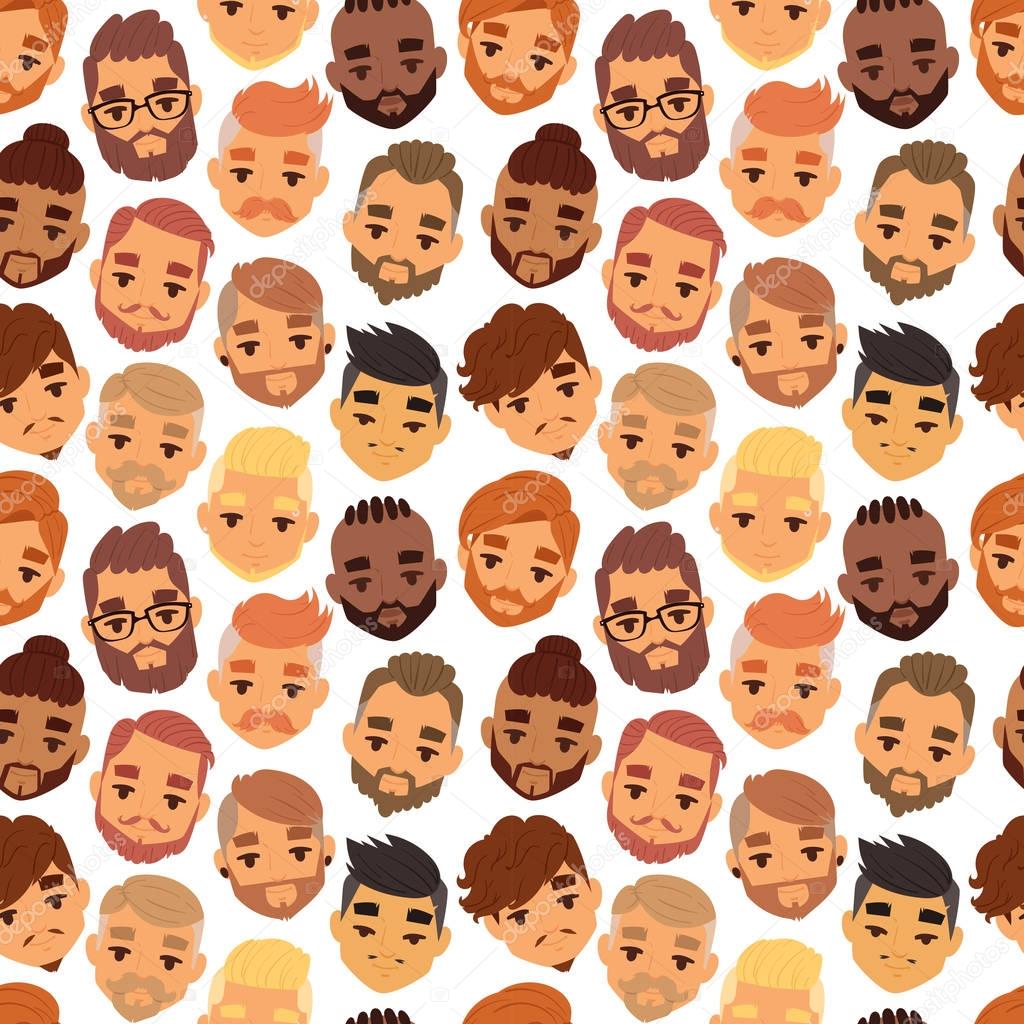 Various expressions bearded man face avatar fashion hipster hairstyle head person mustache vector seamless pattern.