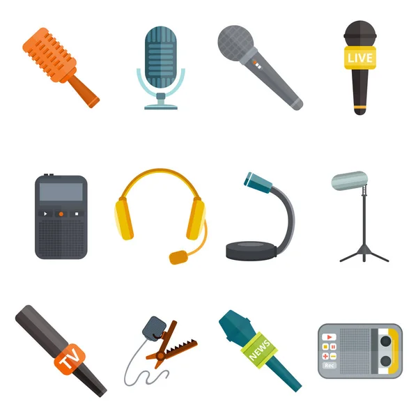 Microphone vector icon isolated interview music TV tool show voice radio broadcast audio live record studio sound media set headphones set dictaphone — Stock Vector