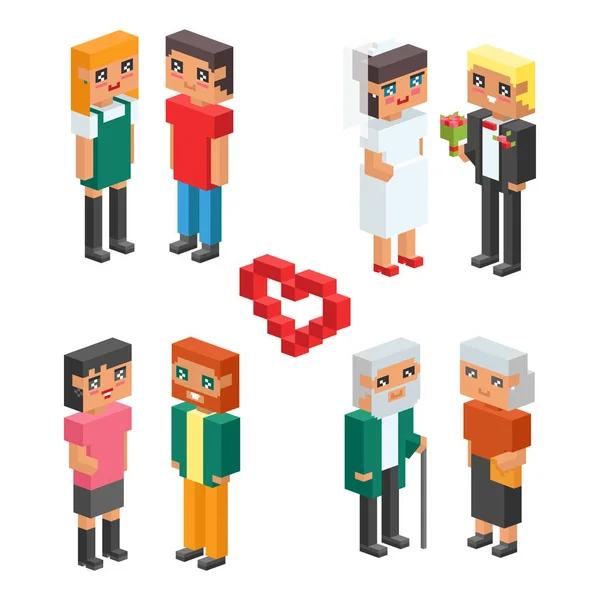 3d isometric family couple children kids people concept flat icons flirting love first date wedding parenting together vector square illustration man woman — Stock Vector