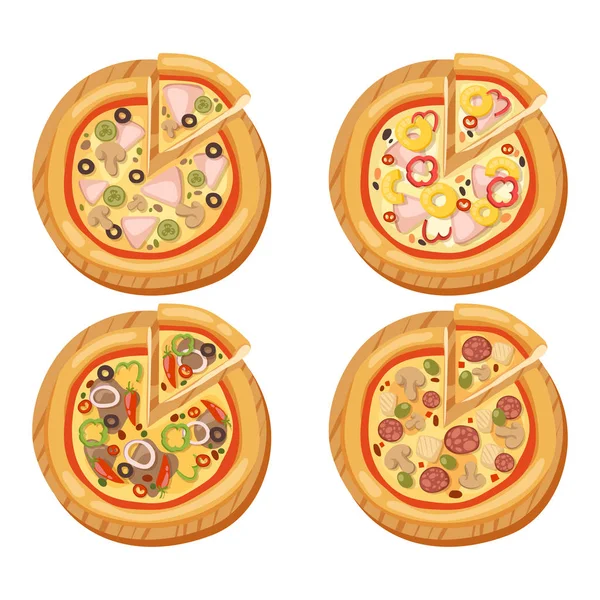 Pizza-plat pictogrammen geïsoleerd vector illustratie stuk segment pizzeria voedsel menu snack op witte achtergrond pepperoni ingrediënt levering Italiaanse set — Stockvector