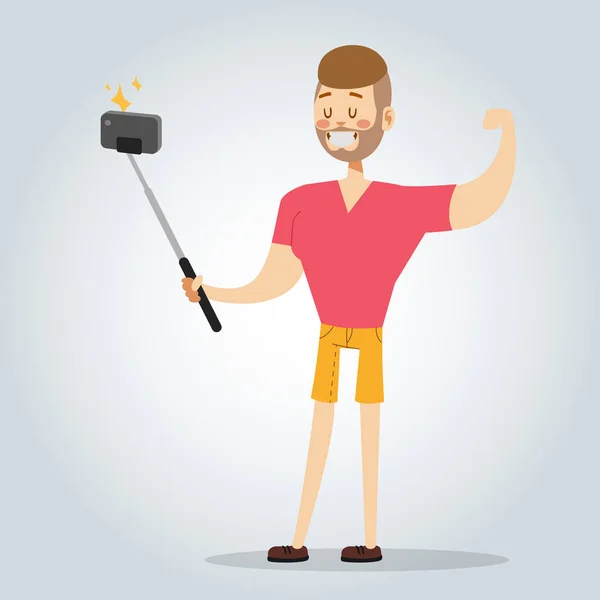 Selfie ember fiú elszigetelt vektoros illusztráció karakter fénykép életmód csípő Szúró lapos fényképezőgép smartphone személy kép fiatal egyetlen mosoly — Stock Vector