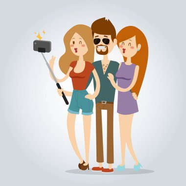Vektör çizim karakter fotoğraf yaşam tarzı hipster akıllı düz kamera smartphone kişi resim genç çift arkadaş Selfie insanlar izole