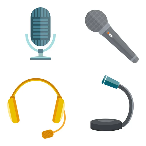 Microphone vector icon isolated interview music TV web vocal tool show voice radio broadcast audio live record studio sound media set headphones set — Stock Vector