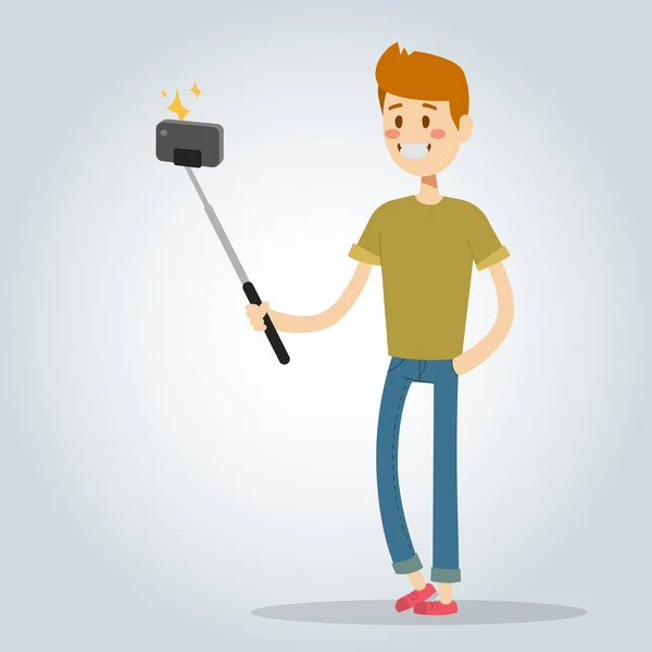 Selfie ember fiú elszigetelt vektoros illusztráció karakter fénykép életmód csípő Szúró lapos fényképezőgép smartphone személy kép fiatal egyetlen mosoly — Stock Vector