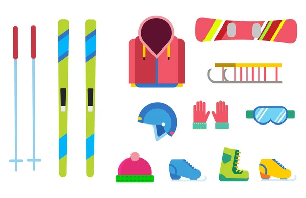 Winter sport vector icons set ski snowboard kleding gereedschap elementen helm handschoen laarzen element item illustratie geïsoleerd apparatuur extreme levensstijl — Stockvector