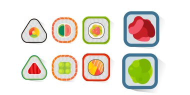 Beyaz arka plan üzerinde izole vektör suşi ve rulo set