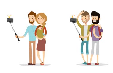 Selfie insanlar izole vektör çizim karakter fotoğraf yaşam tarzı set hipster akıllı düz kamera smartphone kişi resmi çift