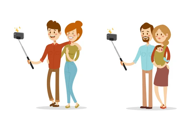 Selfie personer isolerade vektor illustration karaktär foto livsstil set hipster smart platt kamera smartphone person bild par familj — Stock vektor