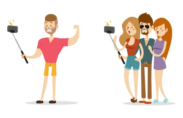 Selfie emberek elszigetelt vektoros illusztráció karakter fénykép életmód beállítása csípő Szúró lapos fényképezőgép smartphone személy kép — Stock Vector