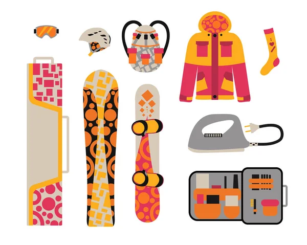 Snowboard vêtements et outils de sport éléments — Image vectorielle
