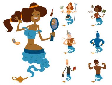 Cin karakter sihirli lamba vektör çizim hazine aladdin mucize cin izole efsane set dilek büyülü Sihirbazı arzu geliyor çizgi film