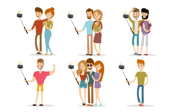 Selfie Menschen isoliert Vektor Illustration Charakter Foto Lifestyle Set Hipster smart flache Kamera Smartphone Person Bild — Stockvektor