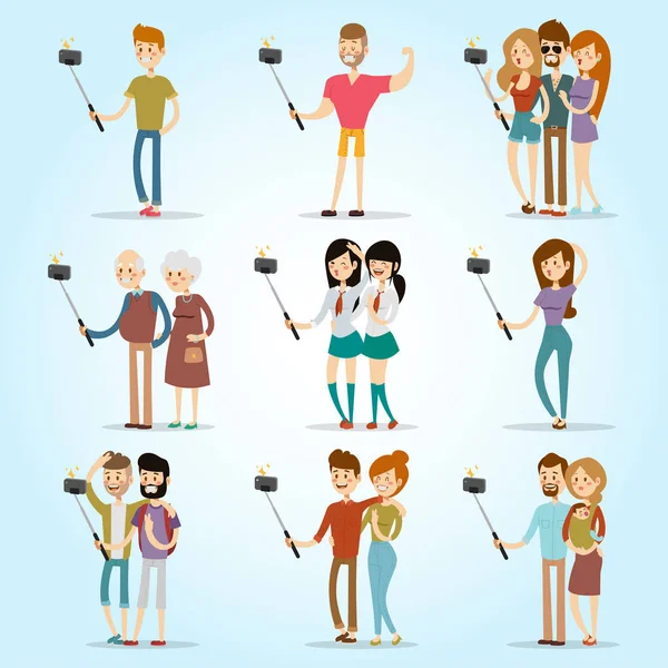 Selfie personer isolerade vektor illustration karaktär foto livsstil set hipster smart platt kamera smartphone person bild — Stock vektor