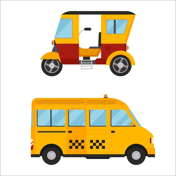 Gul taxi buss vektorillustration isolerade bil staden resor cab transport trafik road gatan wheel service symbol passagerare auto sign Ikonuppsättning — Stock vektor