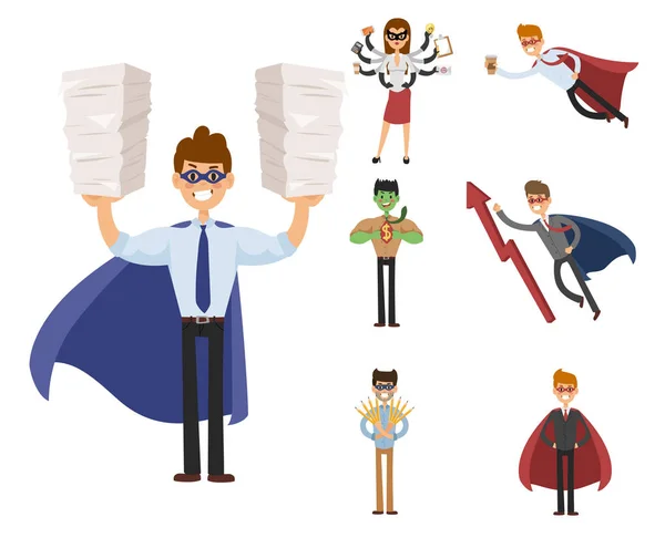 Superhéroe hombre de negocios mujer vector ilustración conjunto carácter éxito dibujos animados poder concepto hombre de negocios fuerte persona silueta líder equipo aislado — Archivo Imágenes Vectoriales