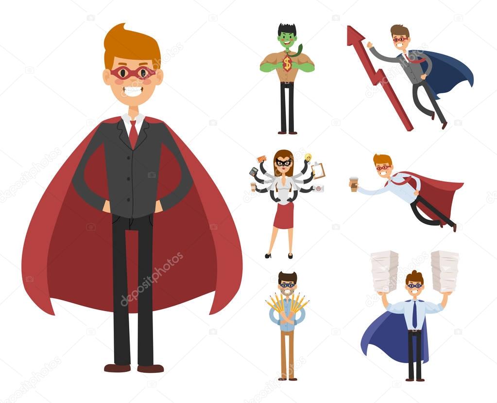 Superhero business man woman vector illustration set character success cartoon power concept businessman strong person silhouette leader team isolated