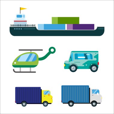İzole taşıma teslim vektör beyaz ulaşım araba otobüs van yangın kamyon helikopter gemiye siluet simge tanker iş lojistik sevk irsaliyesi seti