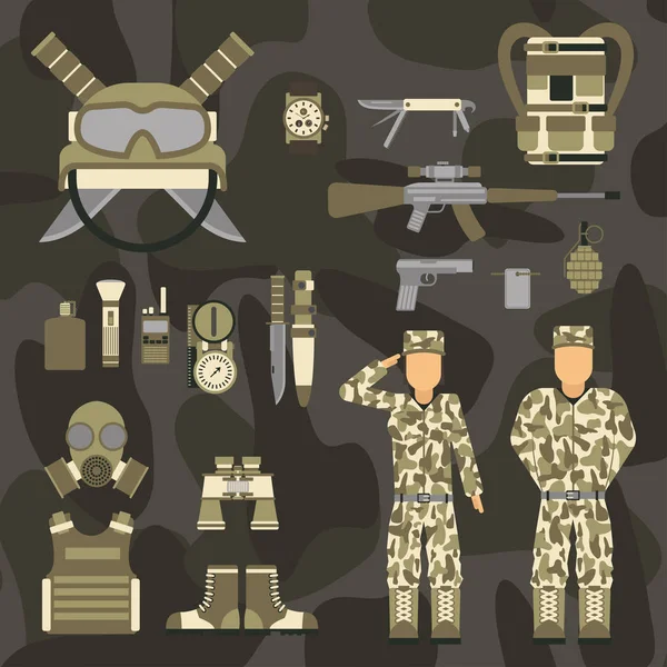 Personaje militar armas símbolos armadura hombre conjunto fuerzas diseño y munición de combate americano marina camuflaje signo vector ilustración . — Archivo Imágenes Vectoriales