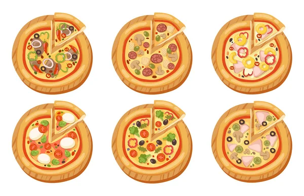Pizza plana ícones isolado vetor ilustração peça fatia pizzaria menu de alimentos lanche no fundo branco pepperoni ingrediente entrega italiano conjunto — Vetor de Stock
