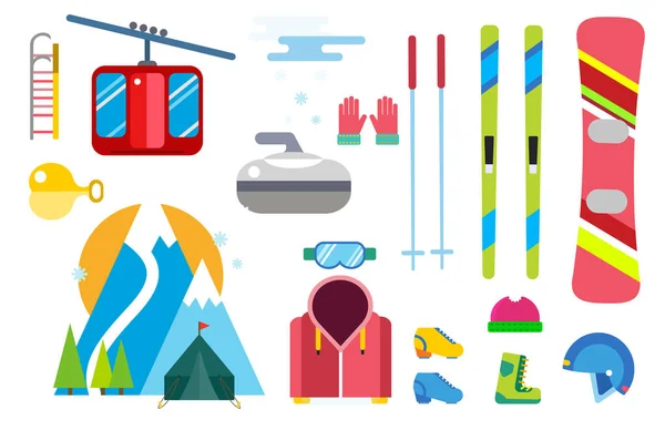 Winter sport vector icons set ski snowboard kleding gereedschap elementen helm handschoen laarzen element item illustratie geïsoleerd apparatuur extreme levensstijl — Stockvector