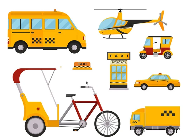 Taxi taxi aislado vector ilustración fondo blanco pasajero coche transporte amarillo icono signo ciudad camión furgoneta carga helicóptero bicicleta diferente — Vector de stock