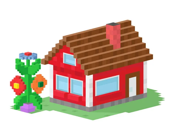 Söta färgglada platt stil hus byn pixel konst fastigheter stuga och hem design färgglada bostadsbyggande vektor illustration. — Stock vektor
