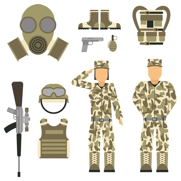 Militära karaktär vapen pistoler symboler rustning människa krafter scenografi och amerikanska fighter ammunition marinblå kamouflage tecken vektor illustration. — Stock vektor
