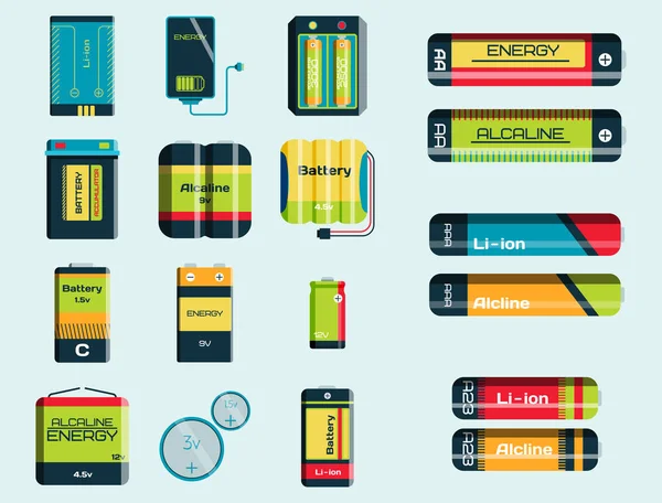 Outil de batterie énergie électricité charge combustible alimentation positive et composant de production isposable technologie alcaline illustration vectorielle de l'industrie . — Image vectorielle