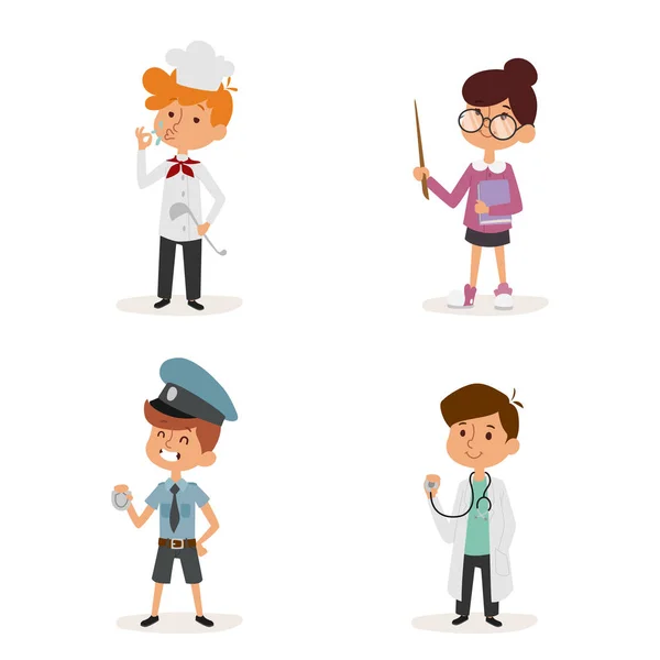 Dibujos animados profesión niños niños vector conjunto ilustración persona niño chef policía doctor profesor uniforme trabajador carácter — Vector de stock