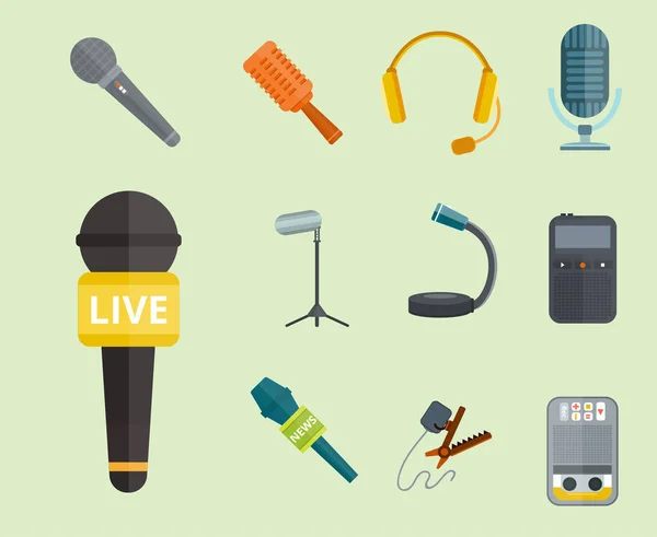 Microphone vector icon isolated interview music TV tool show voice radio broadcast audio live record studio sound media set headphones set dictaphone — Stock Vector