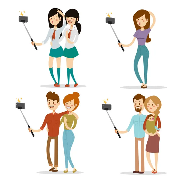 Selfie pessoas isolado vetor ilustração personagem foto estilo de vida conjunto hipster inteligente câmera plana smartphone pessoa foto —  Vetores de Stock