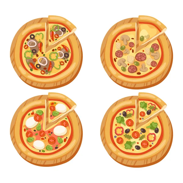 Pizza-plat pictogrammen geïsoleerd vector illustratie stuk segment pizzeria voedsel menu snack op witte achtergrond pepperoni ingrediënt levering Italiaanse set — Stockvector