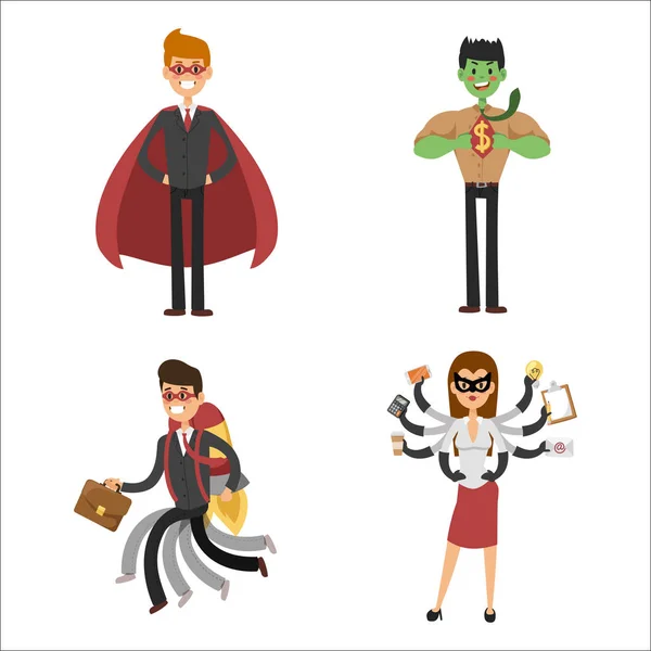 Superhéroe hombre de negocios mujer vector ilustración conjunto carácter éxito dibujos animados poder concepto hombre de negocios fuerte persona silueta líder equipo aislado — Vector de stock