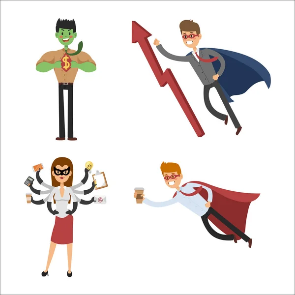 Superhero business man woman vector illustration set character success cartoon power concept businessman strong person silhouette leader team isolated — Stock Vector