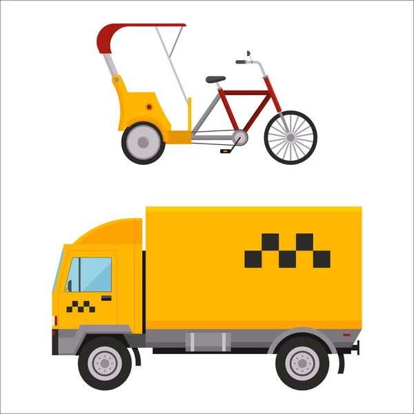 Amarelo táxi caminhão varn rickshaw bicicleta vetor ilustração carro transporte isolado táxi cidade serviço ícone símbolo passageiro urbano auto sinal de entrega comercial — Vetor de Stock
