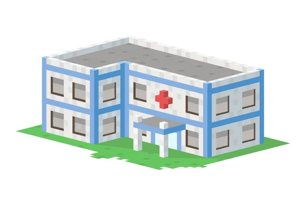 Niedlich bunt flachen Stil Krankenhaus Haus Dorf Pixel Kunst Immobilien Haus und Home Design Wohn bunt Gebäude Bau Vektor Illustration. — Stockvektor