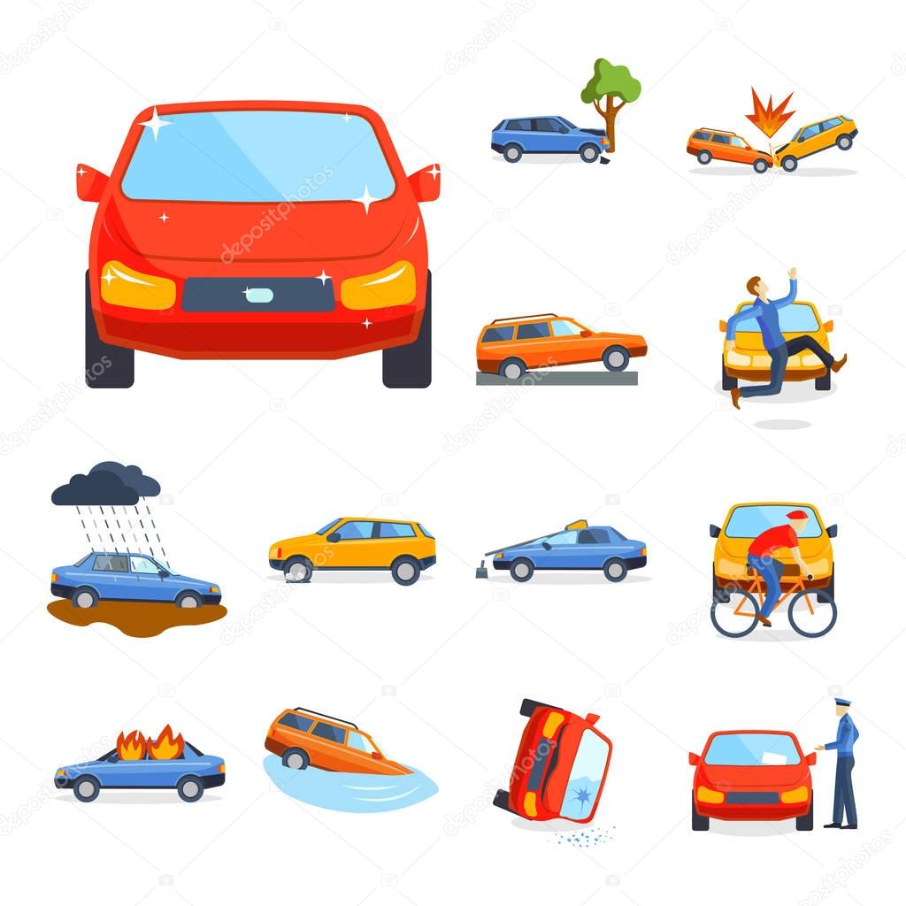 Car crash collision traffic insurance safety automobile emergency disaster and emergency disaster speed repair transport vector illustration.