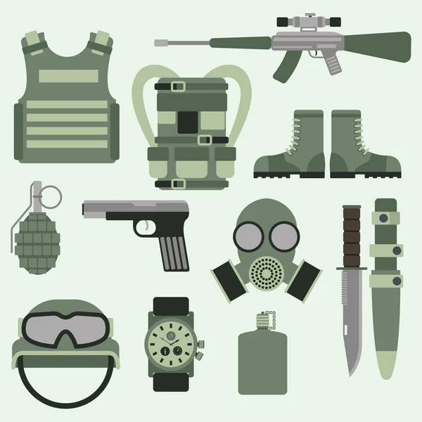 Militär Waffen Waffen Symbole Rüstung Streitkräfte Design und amerikanische Kampfflugzeug Munition Navy Tarnung Zeichen Vektor Illustration. — Stockvektor