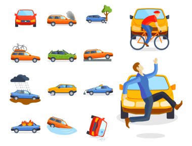 Araba kazasında çarpışma trafik sigorta Emanet otomobil acil afet ve acil afet hız onarım ulaşım vektör çizim.