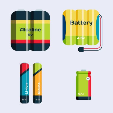 Pil enerji araç elektrik şarj yakıt olumlu arz ve isposable üretimi bileşen alkali sanayi teknoloji vektör çizim.