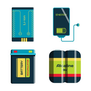 Pil enerji araç elektrik şarj yakıt olumlu arz ve isposable üretimi bileşen alkali sanayi teknoloji vektör çizim.