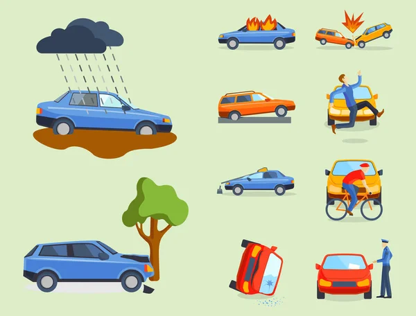 Auto havárie kolize dopravní pojištění bezpečnostní automobilové nouzové katastrofy a nouzových katastrofa rychlost opravy dopravní vektorové ilustrace. — Stockový vektor