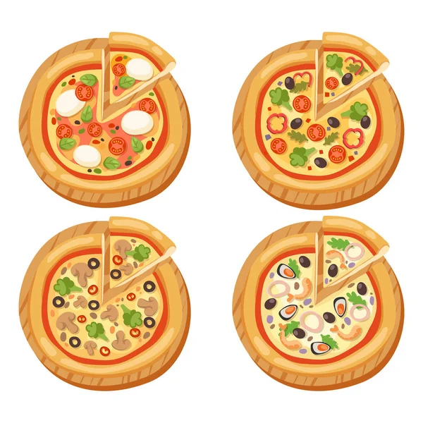 Pizza platt ikoner isolerade vektor illustration bit slice pizzeria mat menyn mellanmål på vit bakgrund pepperoni ingrediens leverans italienska uppsättning — Stock vektor