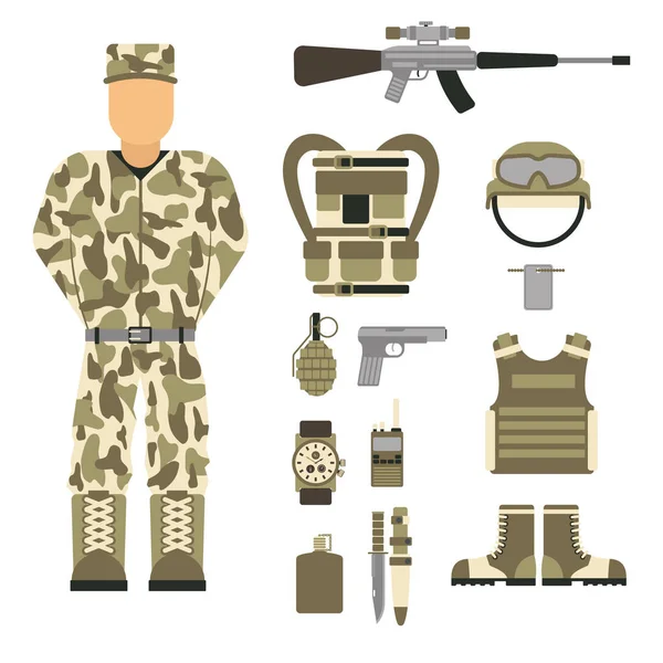 Personaje militar armas símbolos armadura hombre conjunto fuerzas diseño y munición de combate americano marina camuflaje signo vector ilustración . — Vector de stock