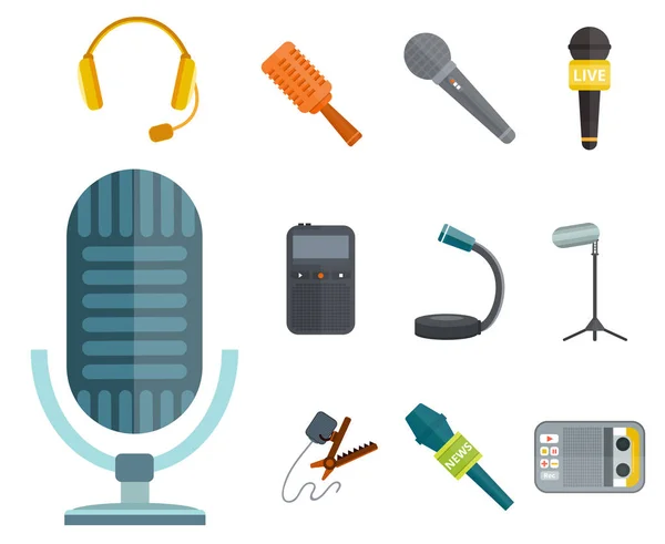 Microphone vector icon isolated interview music TV tool show voice radio broadcast audio live record studio sound media set headphones set dictaphone — Stock Vector