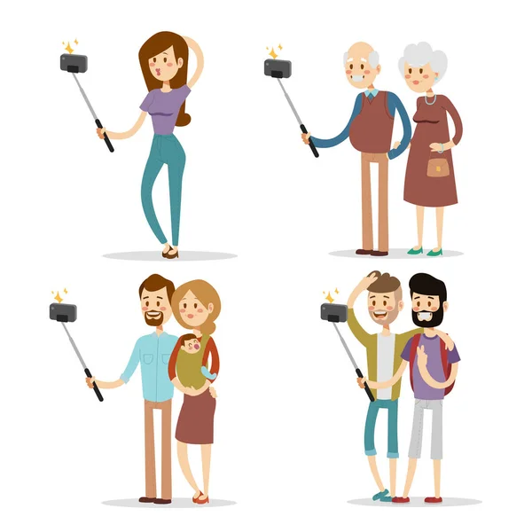 Selfie people isolated vector illustration character photo lifestyle set hipster smart flat camera smartphone person picture — Stock Vector